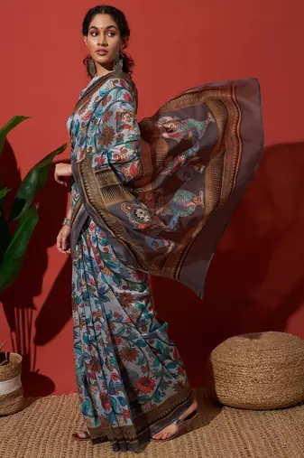 Grey elegant printed silk cotton saree with blouse piece