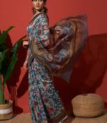 Grey elegant printed silk cotton saree with blouse piece