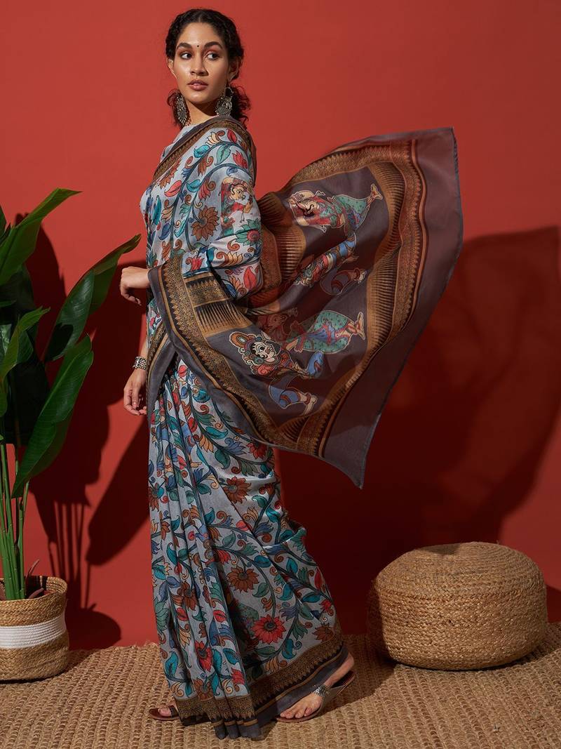 Grey elegant printed silk cotton saree with blouse piece
