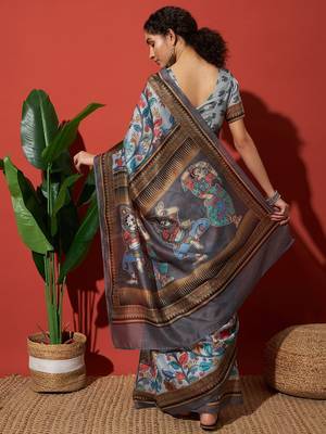 Grey elegant printed silk cotton saree with blouse piece 2