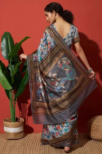 Grey elegant printed silk cotton saree with blouse piece