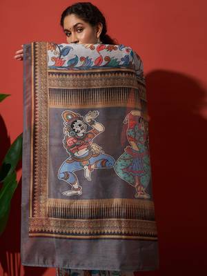 Grey elegant printed silk cotton saree with blouse piece 4