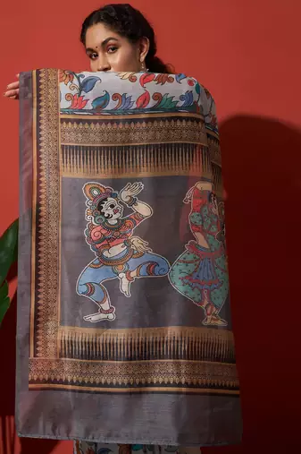 Grey elegant printed silk cotton saree with blouse piece