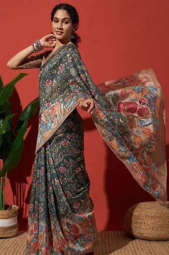 Green elegant printed silk cotton saree with blouse piece