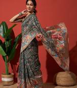 Green elegant printed silk cotton saree with blouse piece