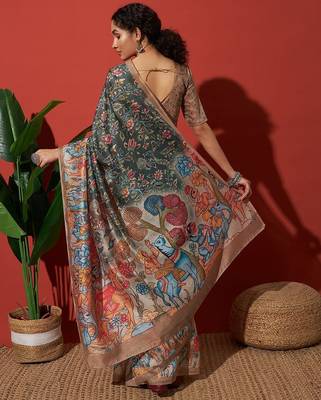 Green elegant printed silk cotton saree with blouse piece 2