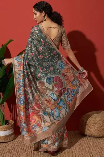 Green elegant printed silk cotton saree with blouse piece