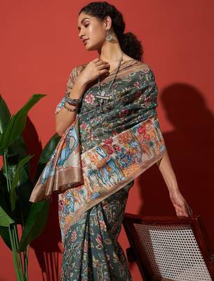 Green elegant printed silk cotton saree with blouse piece 3