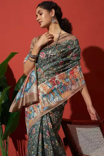 Green elegant printed silk cotton saree with blouse piece