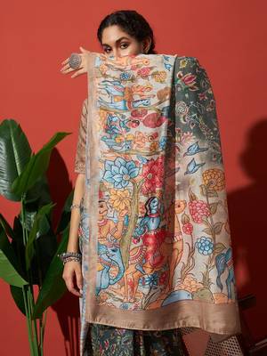 Green elegant printed silk cotton saree with blouse piece 4
