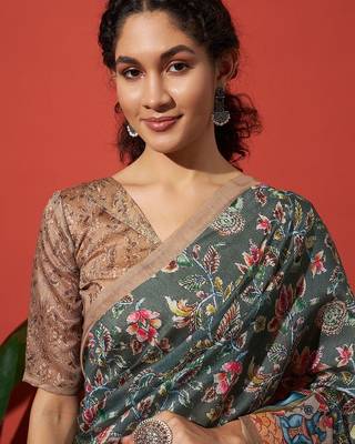 Green elegant printed silk cotton saree with blouse piece 5