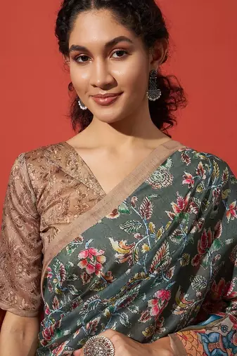 Green elegant printed silk cotton saree with blouse piece