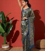 Green printed tissue festive wear saree with blouse piece