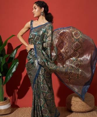 Green printed tissue festive wear saree with blouse piece 2
