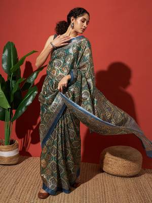Green printed tissue festive wear saree with blouse piece 4