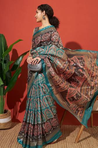 Turquoise blue printed tissue festive wear saree with blouse piece
