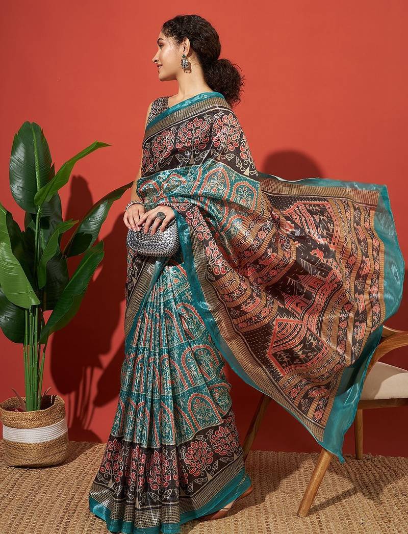 Turquoise blue printed tissue festive wear saree with blouse piece