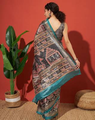 Turquoise blue printed tissue festive wear saree with blouse piece 2