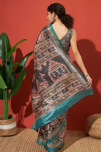 Turquoise blue printed tissue festive wear saree with blouse piece