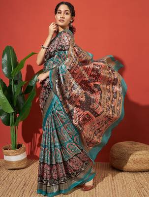 Turquoise blue printed tissue festive wear saree with blouse piece 3