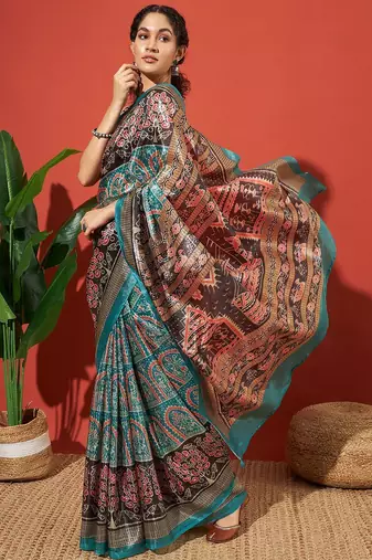 Turquoise blue printed tissue festive wear saree with blouse piece