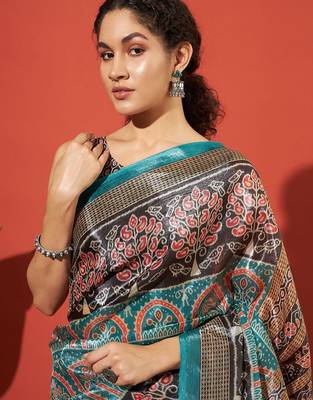 Turquoise blue printed tissue festive wear saree with blouse piece 4