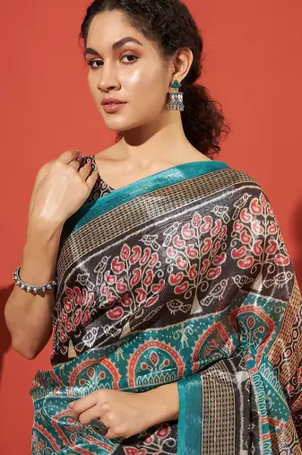 Turquoise blue printed tissue festive wear saree with blouse piece
