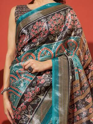 Turquoise blue printed tissue festive wear saree with blouse piece 5