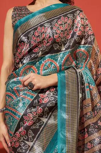 Turquoise blue printed tissue festive wear saree with blouse piece