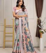 Grey printed linen casual saree with blouse piece