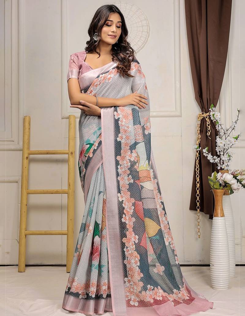 Grey printed linen casual saree with blouse piece