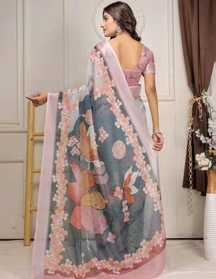 Grey printed linen casual saree with blouse piece 2
