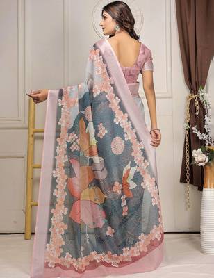 Grey printed linen casual saree with blouse piece 3