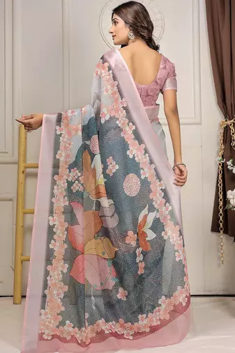 Grey printed linen casual saree with blouse piece
