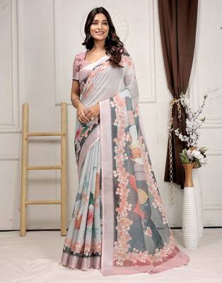 Grey printed linen casual saree with blouse piece 4