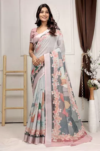 Grey printed linen casual saree with blouse piece