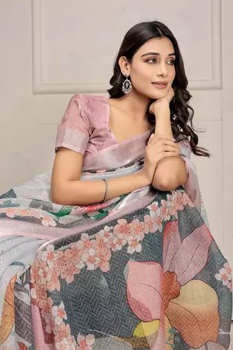 Grey printed linen casual saree with blouse piece