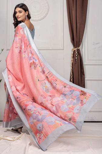 Pink printed linen casual saree with blouse piece