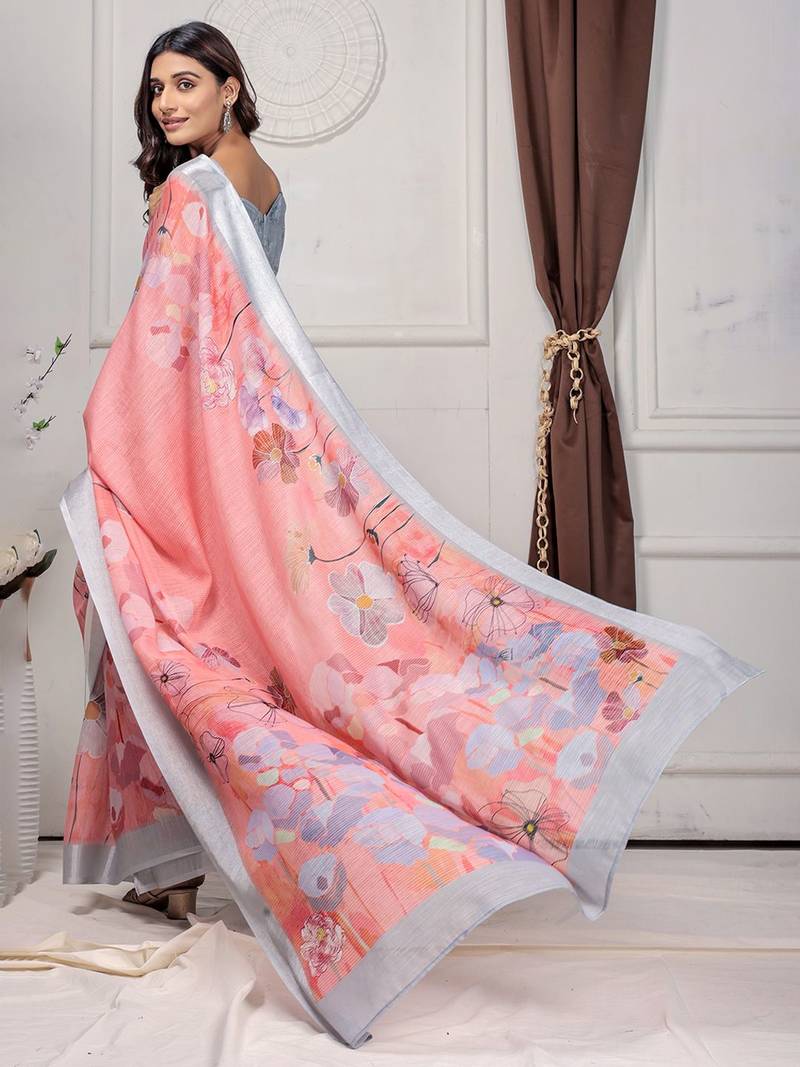 Pink printed linen casual saree with blouse piece