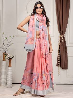 Pink printed linen casual saree with blouse piece 2