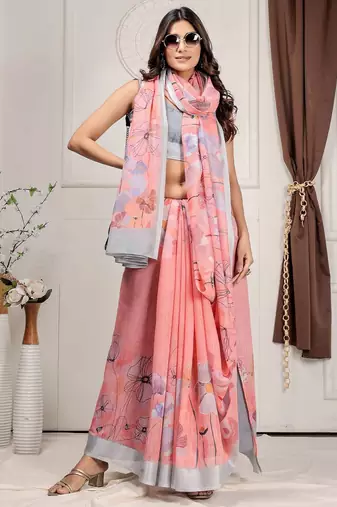 Pink printed linen casual saree with blouse piece