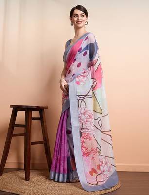Purple printed linen casual saree with blouse piece 1
