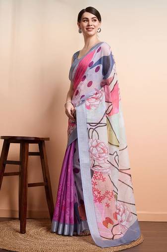 Purple printed linen casual saree with blouse piece