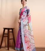 Purple printed linen casual saree with blouse piece