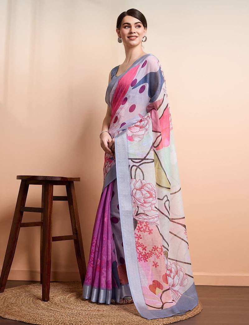 Purple printed linen casual saree with blouse piece