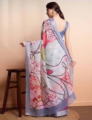 Purple printed linen casual saree with blouse piece 2