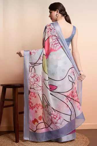 Purple printed linen casual saree with blouse piece