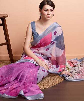Purple printed linen casual saree with blouse piece 3