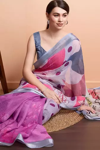 Purple printed linen casual saree with blouse piece