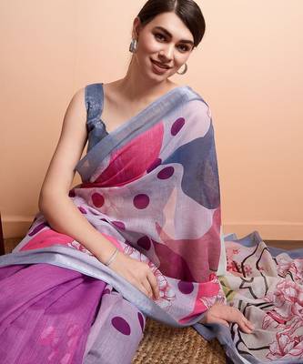 Purple printed linen casual saree with blouse piece 4